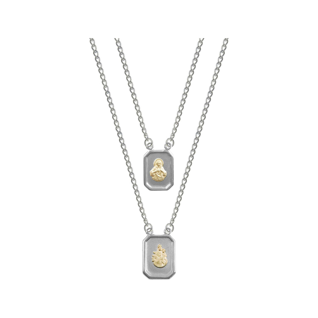 Escapulário de Aço Mini com Ouro 18k Nossa Senhora do Carmo e Sagrado Coração de Jesus 60cm