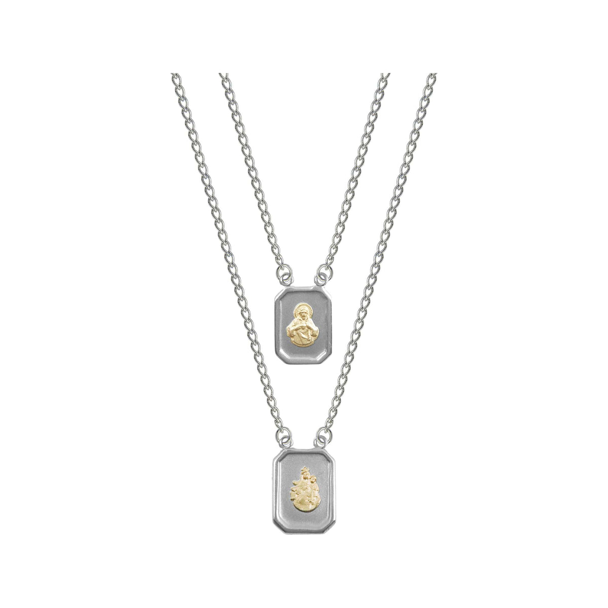 Escapulário de Aço Mini com Ouro 18k Nossa Senhora do Carmo e Sagrado Coração de Jesus 60cm