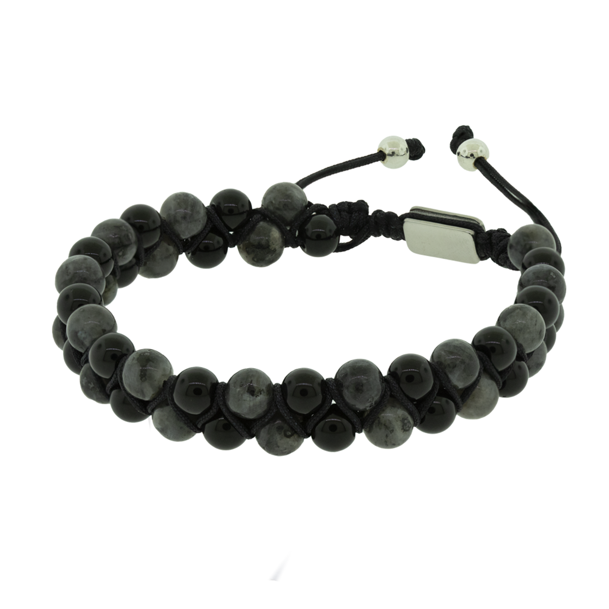 Pulseira Nordic Enok Pedra Labradorita 6mm Pedra Ágata Negra 5mm 18 a 25cm Ajustável