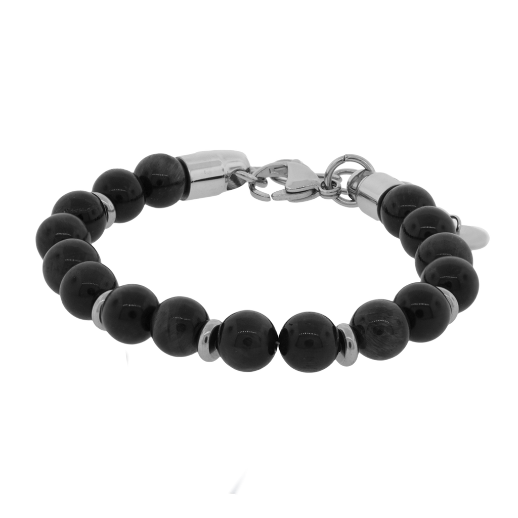 Pulseira Nordic Dagny Pedra Olho de Tigre Azul 8mm Aço 19cm+4cm
