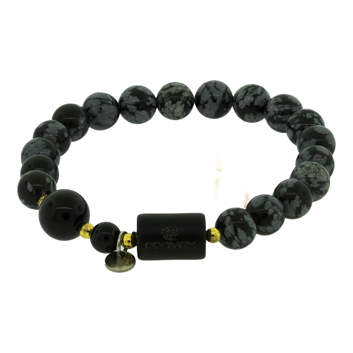 Pulseira Nordic Dagrun Pedra Obsidiana Floco de Neve 8mm Ágata Negra 10mm 20cm