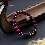 Pulseira Nordic Indra Pedra Olho de Tigre Rosa 8mm Olho de Tigre Vermelho 10mm 20cm - foto 2
