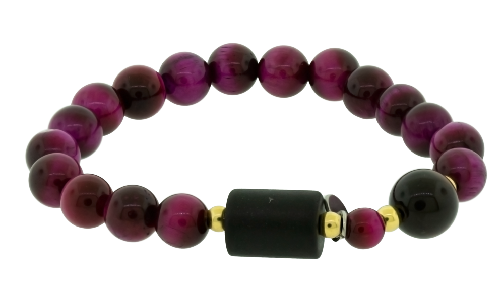 Pulseira Nordic Indra Pedra Olho de Tigre Rosa 8mm Olho de Tigre Vermelho 10mm 20cm