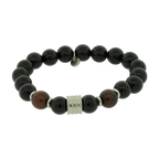 Pulseira Nordic Ragnar Pedra Ágata Negra e Olho de Tigre 10mm Aço com Fio de Silicone 22cm