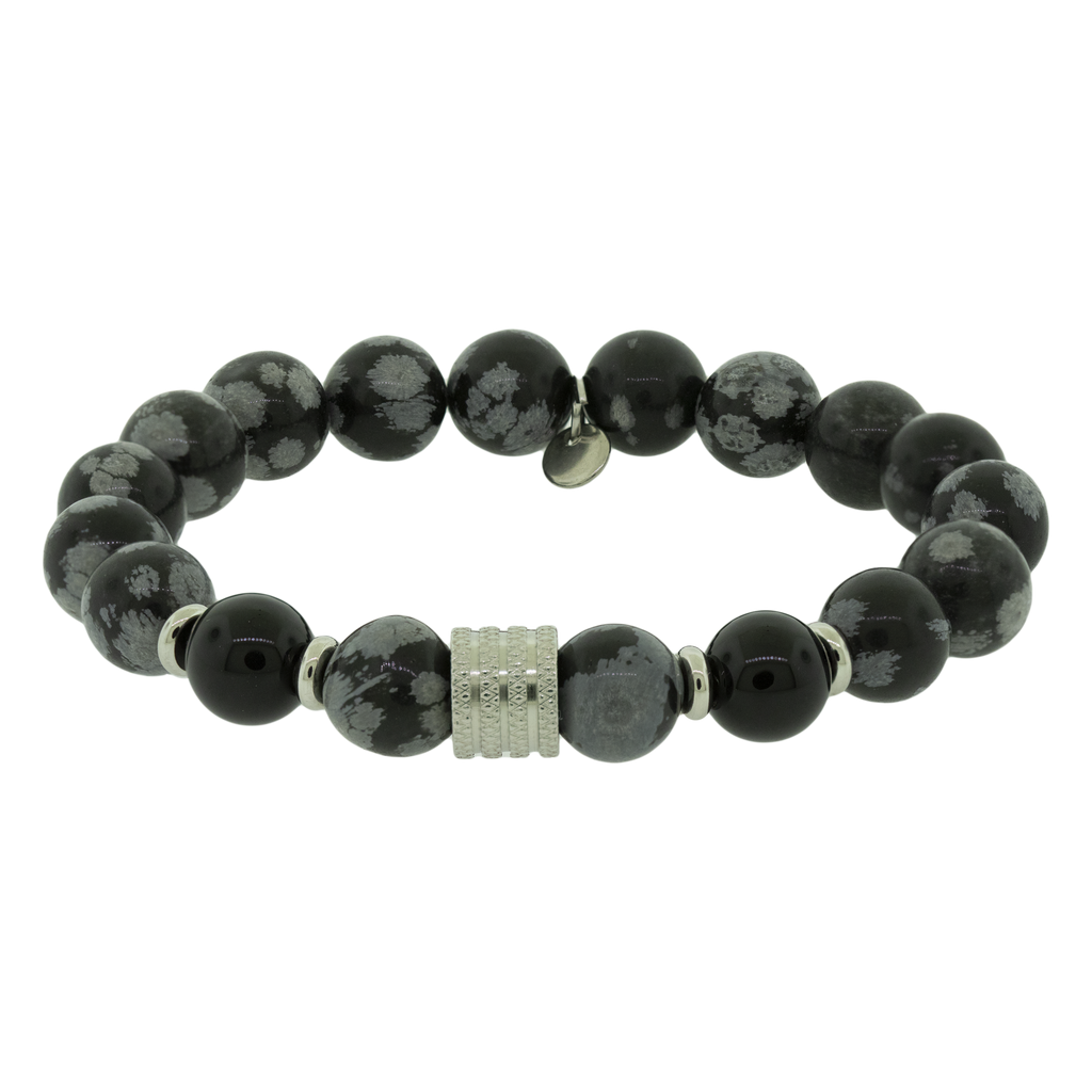 Pulseira Nordic Folke Pedra Obsidiana Floco de Neve e Ágata Negra 10mm Aço 22cm