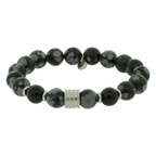 Pulseira Nordic Folke Pedra Obsidiana Floco de Neve e Ágata Negra 10mm Aço 22cm