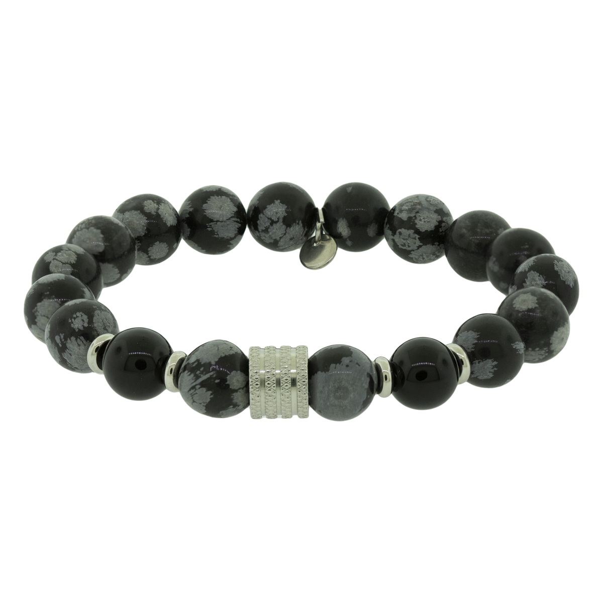 Pulseira Nordic Folke Pedra Obsidiana Floco de Neve e Ágata Negra 10mm Aço 22cm