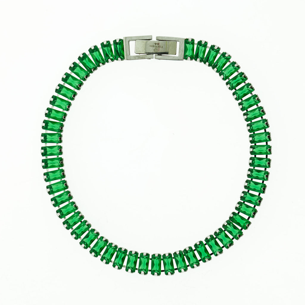 Pulseira de Aço Riviera Esmeralda Zircônia Baguete 18cm