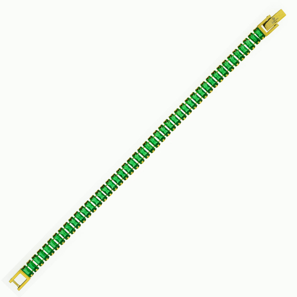 Pulseira de Aço Riviera Esmeralda Zircônia Baguete 16cm IPG