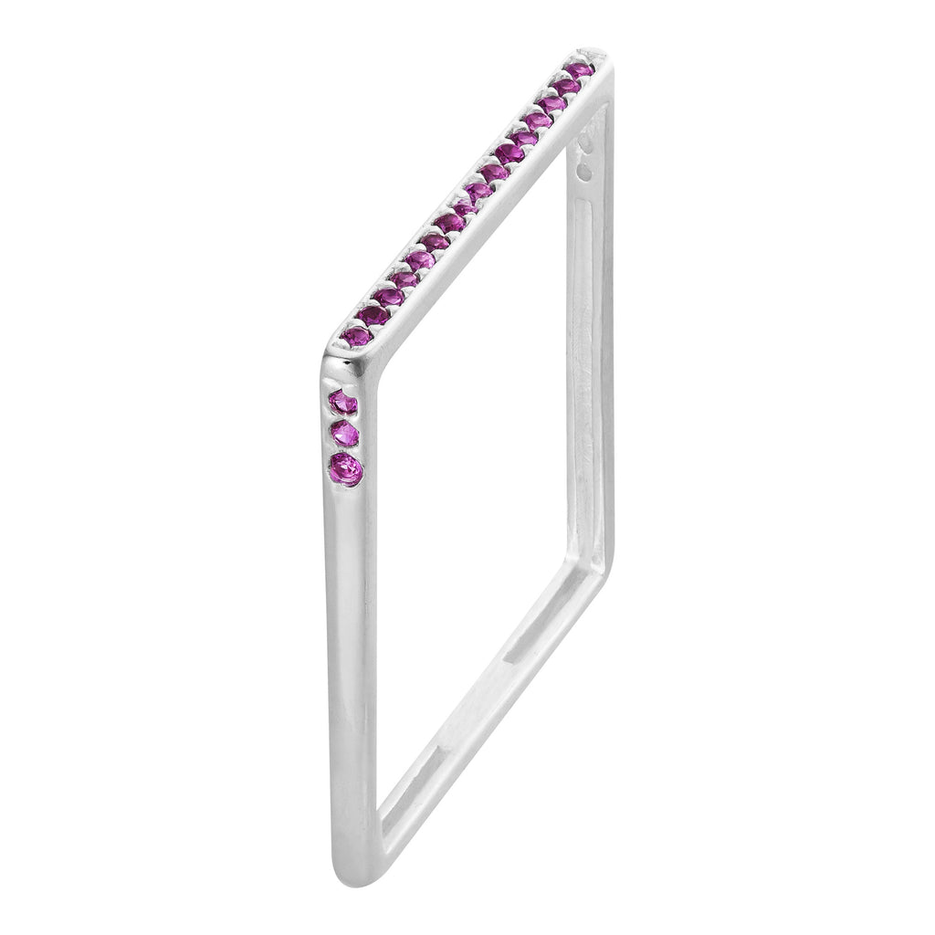 Anel de Prata Style Quadrado com Zircônias Pink