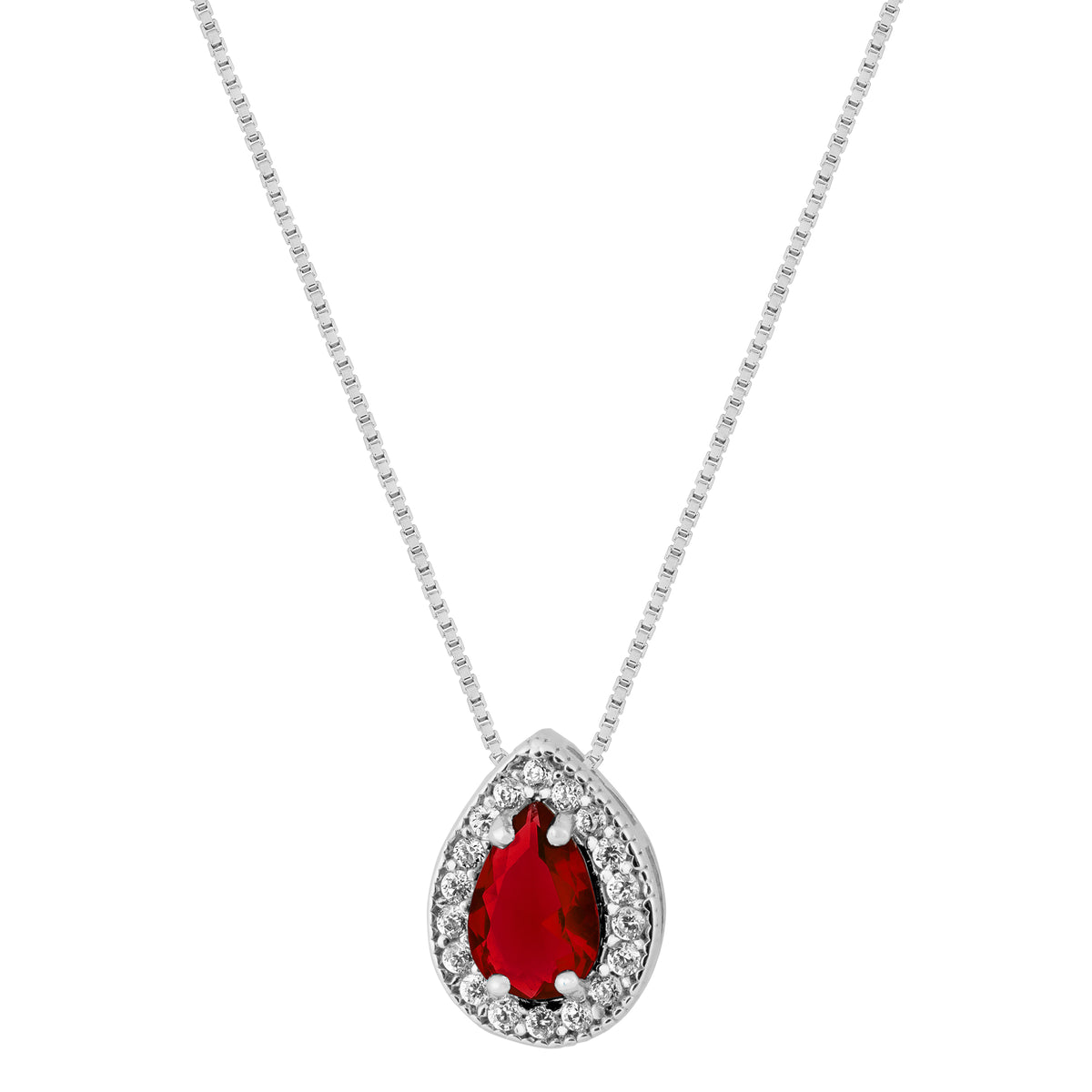 Colar de Prata Gota com Zircônia Vermelha 45cm