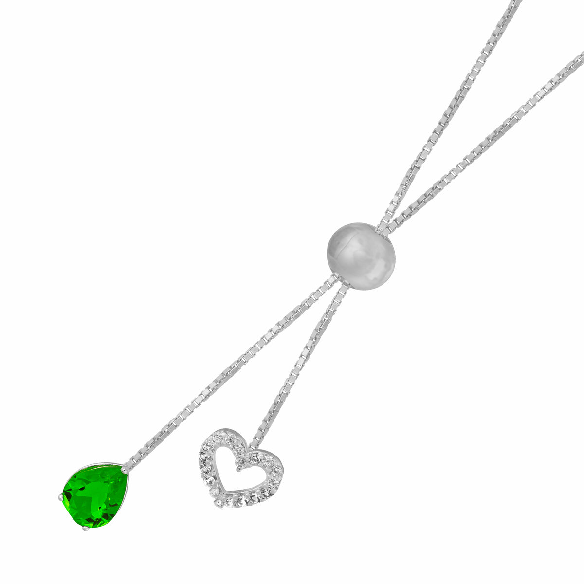 Colar de Prata Gravatinha Italiana Gota Verde com Zircônias 8x8 70cm Ajustável