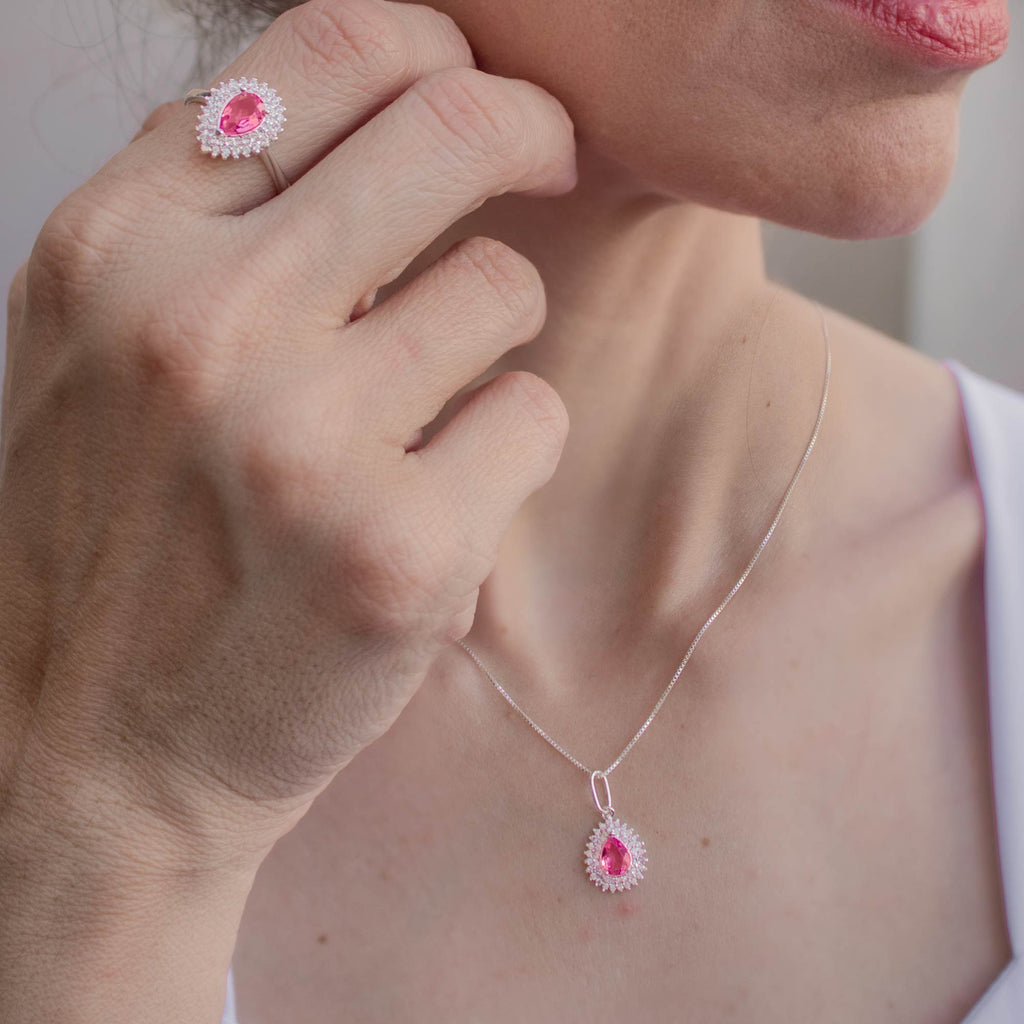 Anel de Prata Coleção Queens Gota Cristal Safira Rosa 5x7mm e Zircônias Brancas - foto 2
