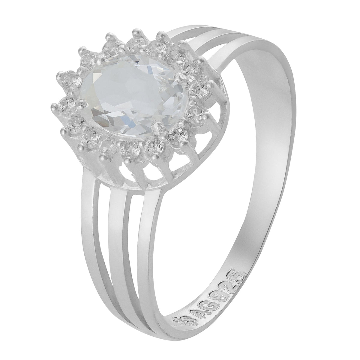 Anel de Prata Coleção Queens Oval Cristal 5x7mm e Zircônias Brancas