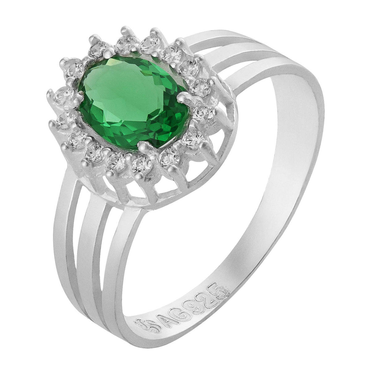 Anel de Prata Coleção Queens Oval Cristal Esmeralda 5x7mm e Zircônias Brancas