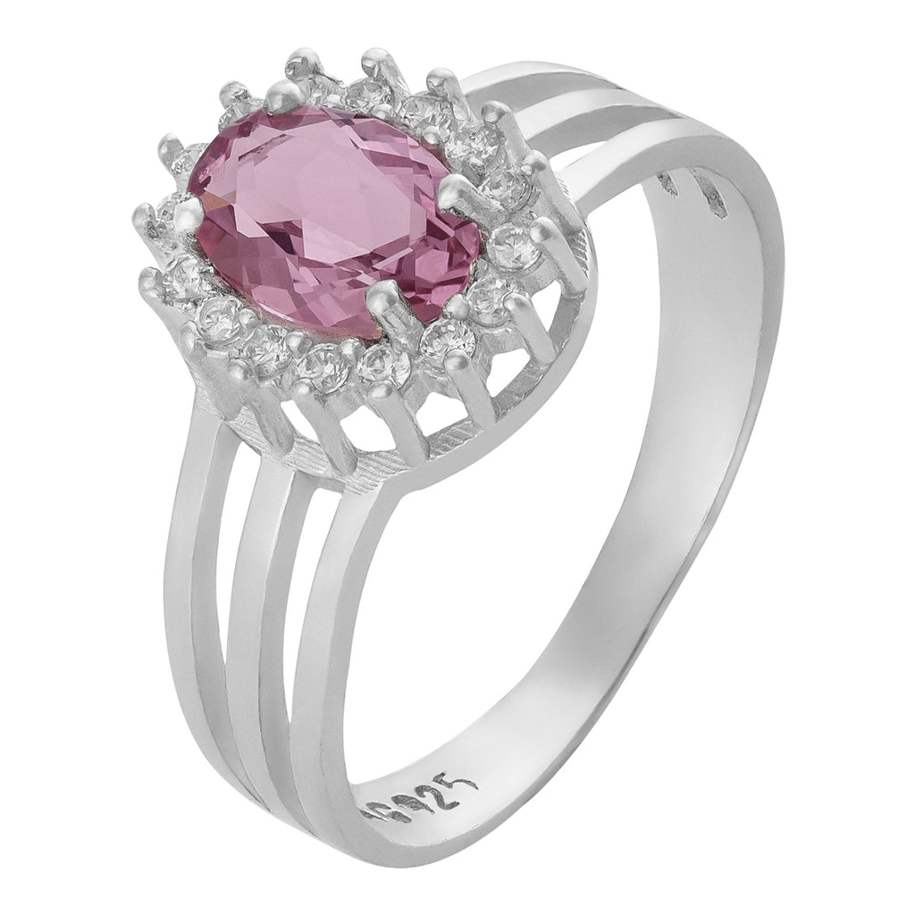 Anel de Prata Coleção Queens Oval Cristal Safira Rosa 5x7mm e Zircônias Brancas