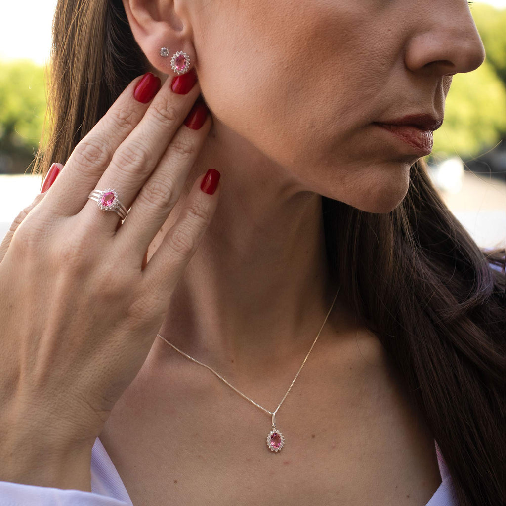 Anel de Prata Coleção Queens Oval Cristal Safira Rosa 5x7mm e Zircônias Brancas - foto 2