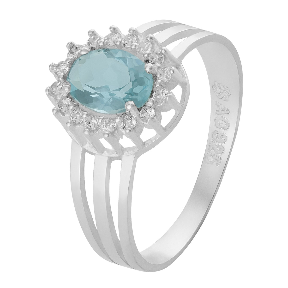 Anel de Prata Coleção Queens Oval Cristal Topázio Sky 5x7mm e Zircônias Brancas