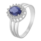 Anel de Prata Coleção Queens Oval Cristal Tanzanita 5x7mm e Zircônias Brancas
