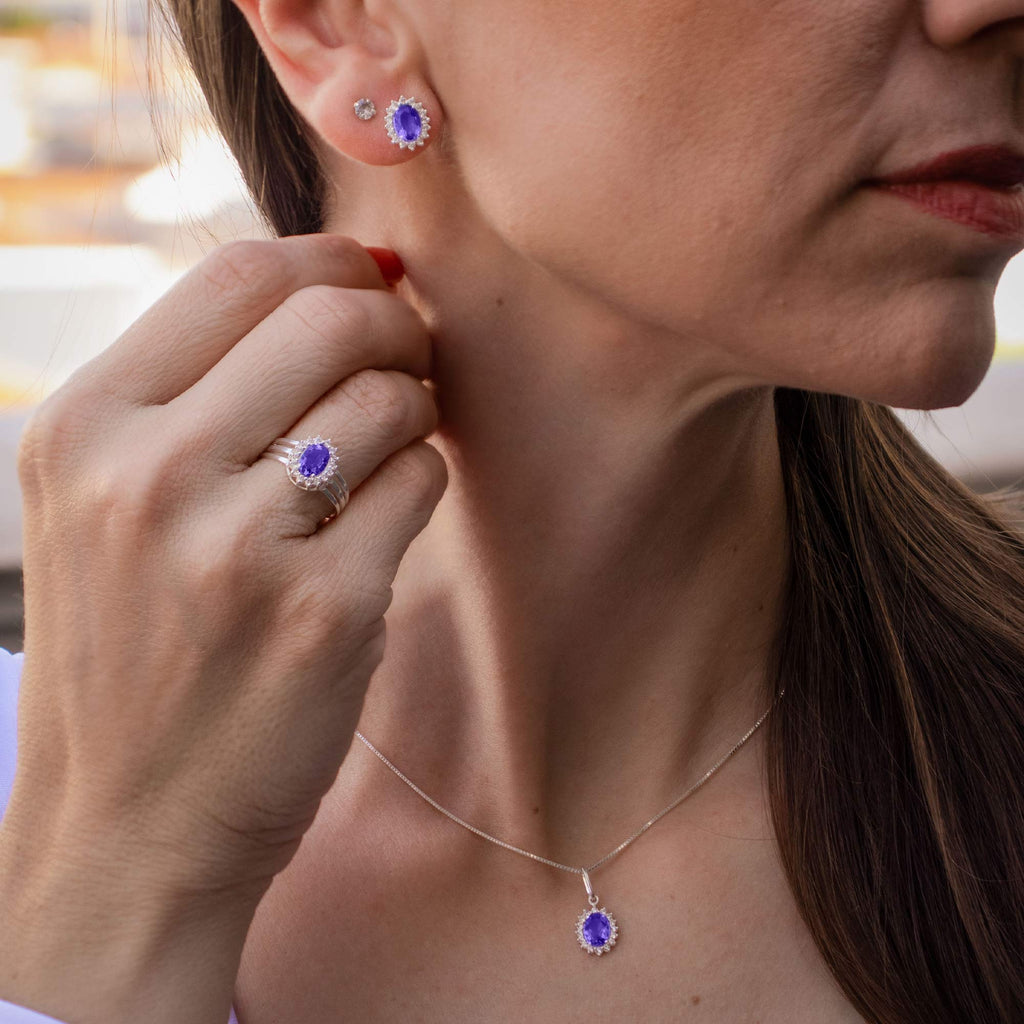 Anel de Prata Coleção Queens Oval Cristal Tanzanita 5x7mm e Zircônias Brancas - foto 2