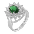Anel de Prata Coleção Queens Oval Cristal Safira Esmeralda 6x8mm e Zircônias Brancas