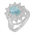 Anel de Prata Coleção Queens Oval Cristal Topázio Sky 6x8mm e Zircônias Brancas