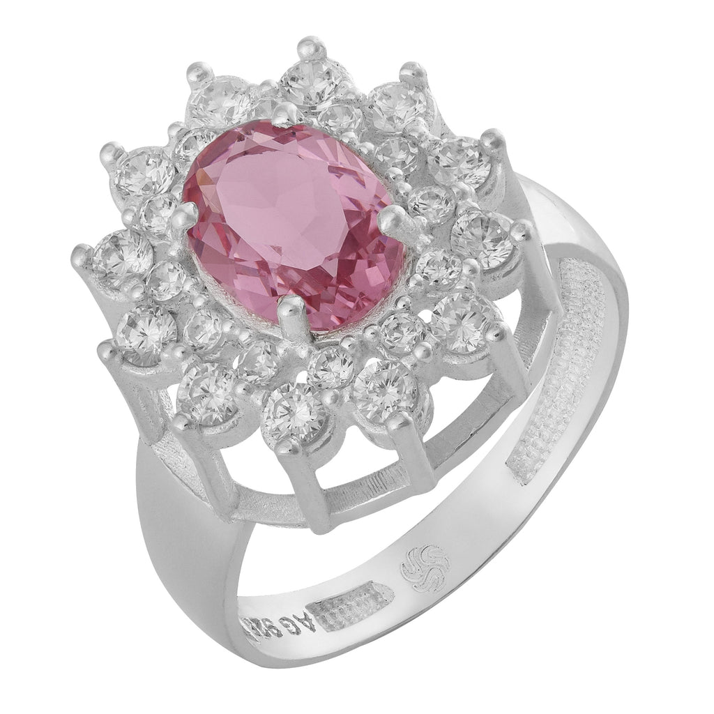 Anel de Prata Coleção Queens Oval Cristal Safira Rosa 6x8mm e Zircônias Brancas