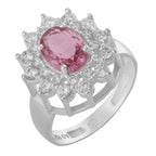 Anel de Prata Coleção Queens Oval Cristal Safira Rosa 6x8mm e Zircônias Brancas