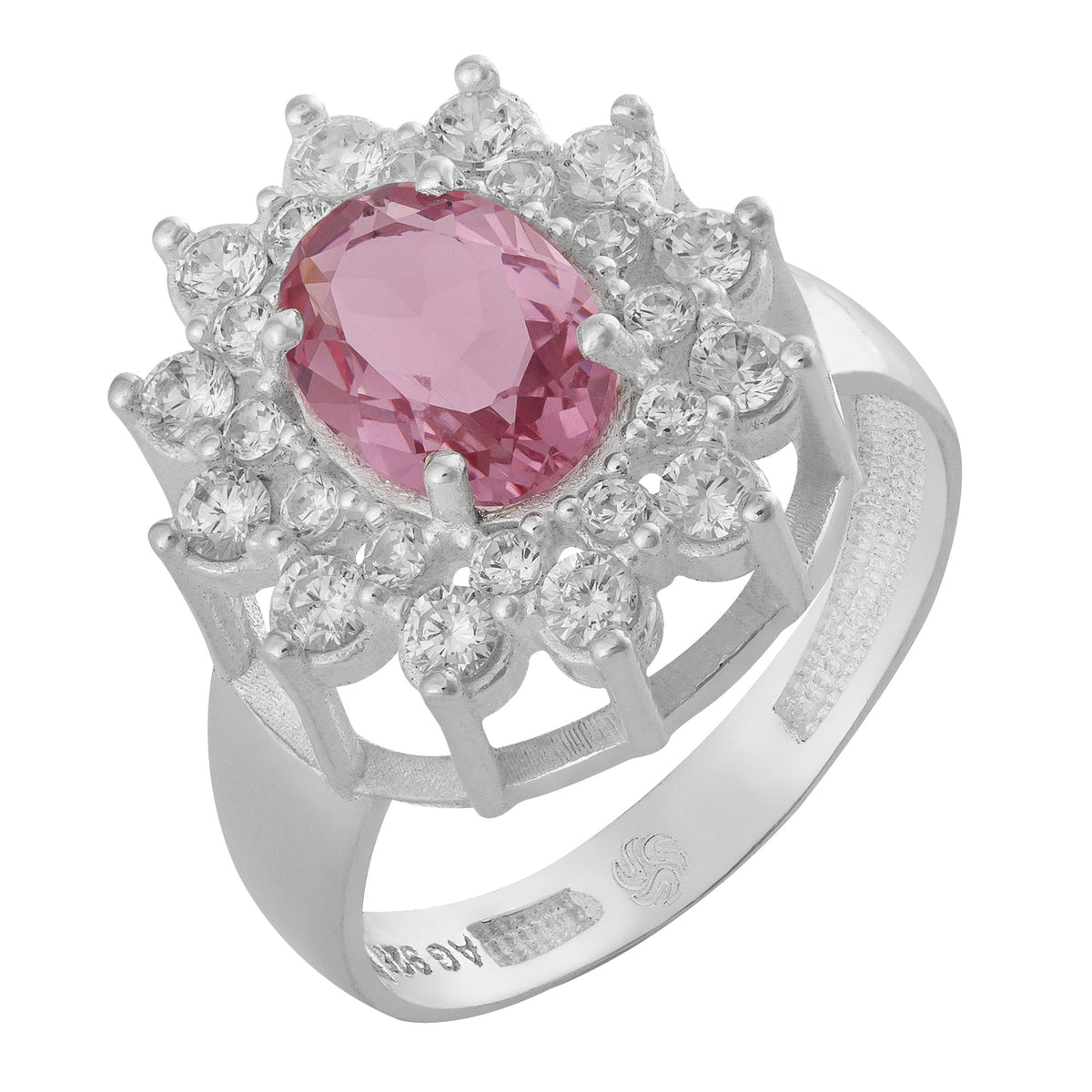 Anel de Prata Coleção Queens Oval Cristal Safira Rosa 6x8mm e Zircônias Brancas