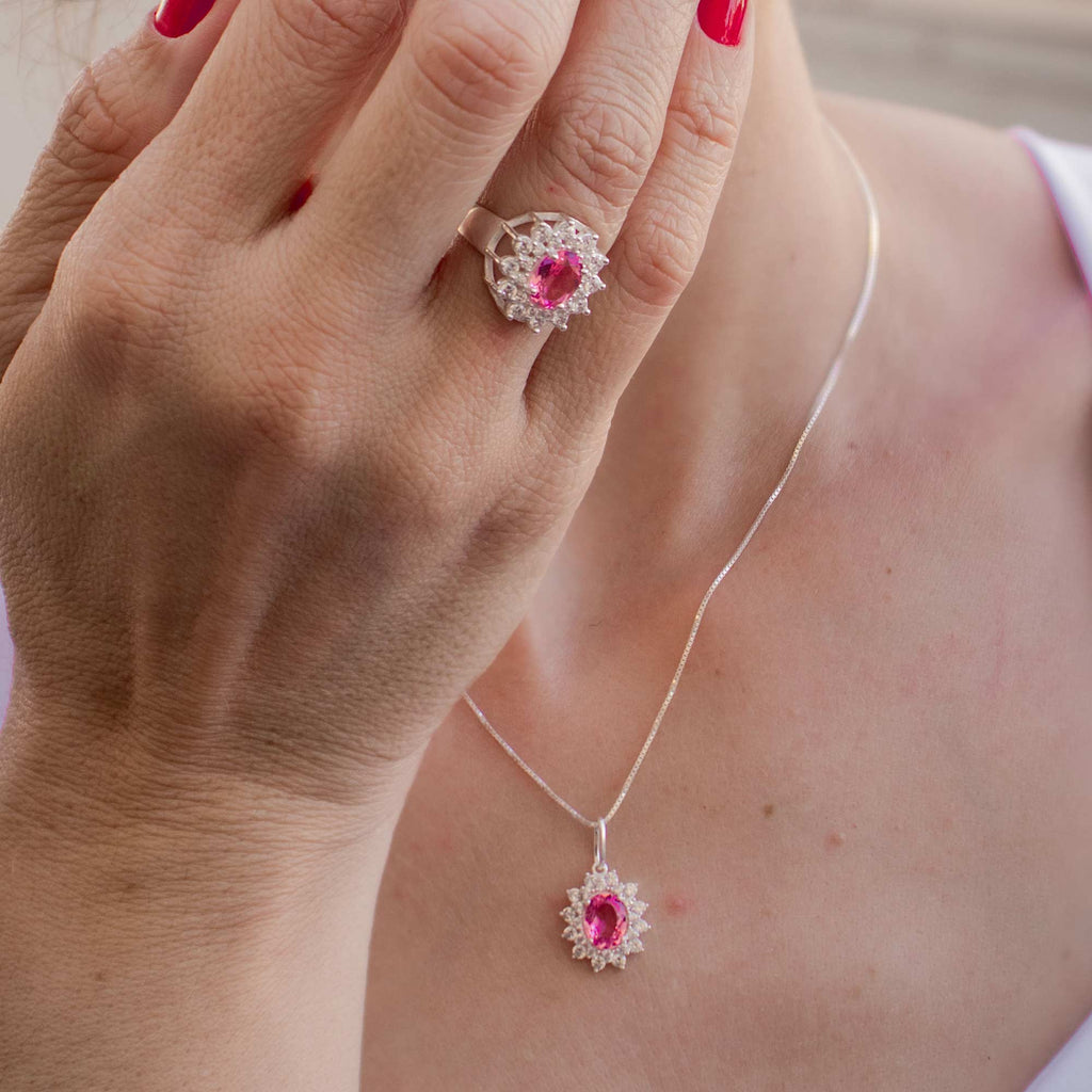Anel de Prata Coleção Queens Oval Cristal Safira Rosa 6x8mm e Zircônias Brancas - foto 2
