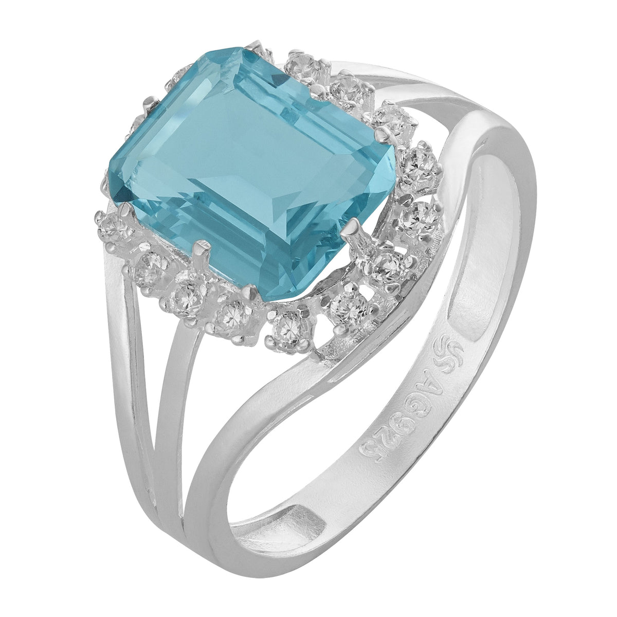 Anel de Prata Coleção Queens Cristal Topázio Sky 8x10mm e Zircônias Brancas