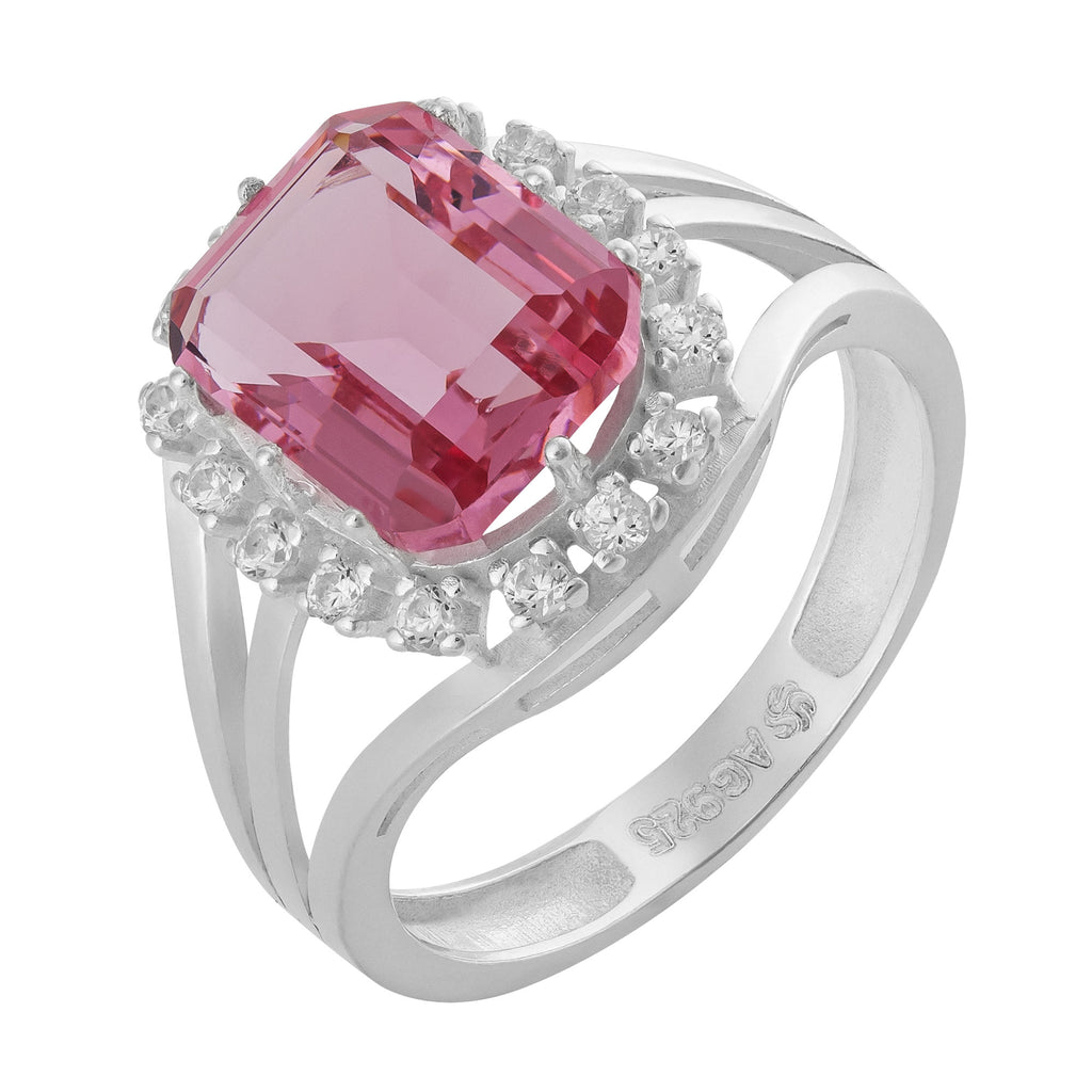 Anel de Prata Coleção Queens Cristal Safira Rosa 8x10mm e Zircônias Brancas