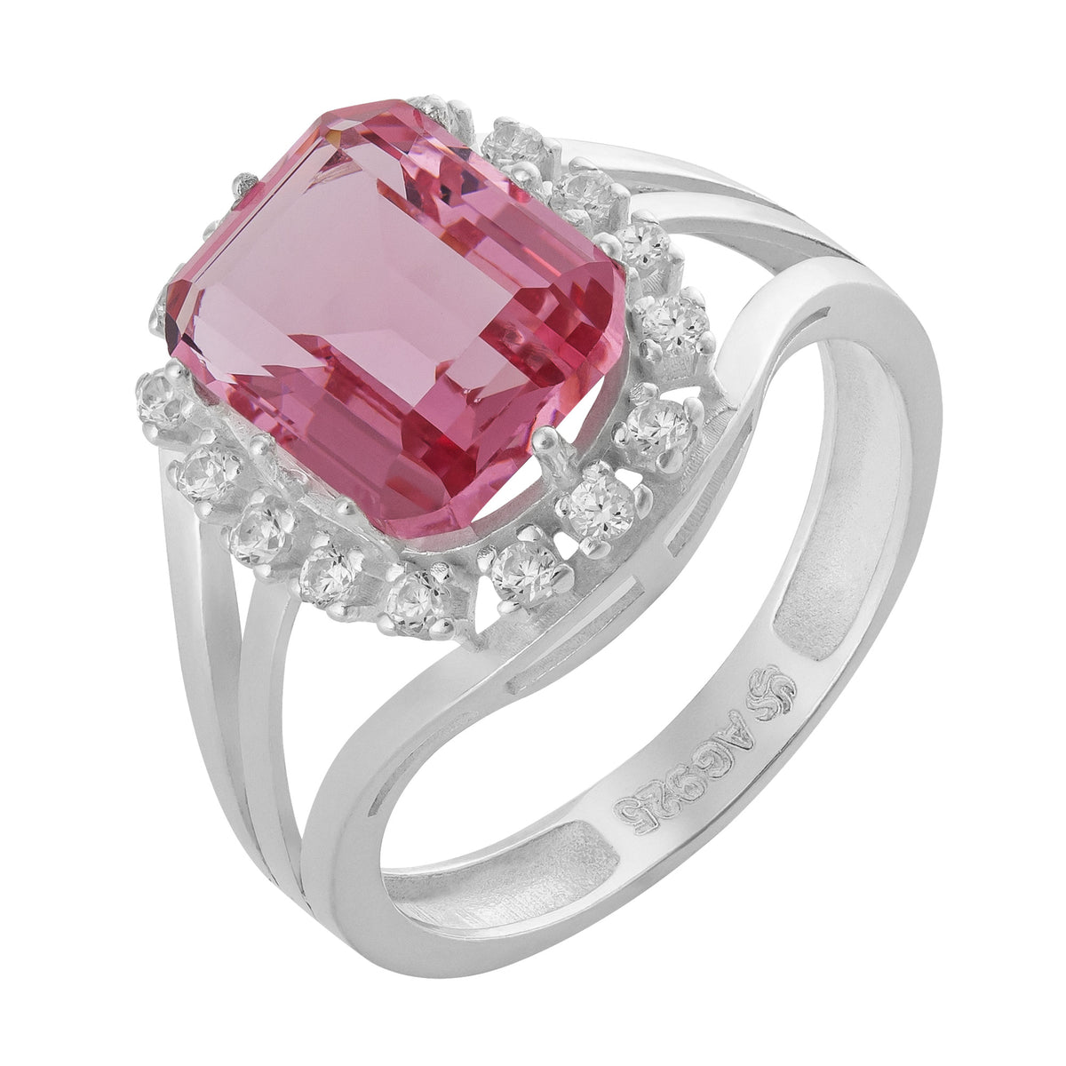 Anel de Prata Coleção Queens Cristal Safira Rosa 8x10mm e Zircônias Brancas