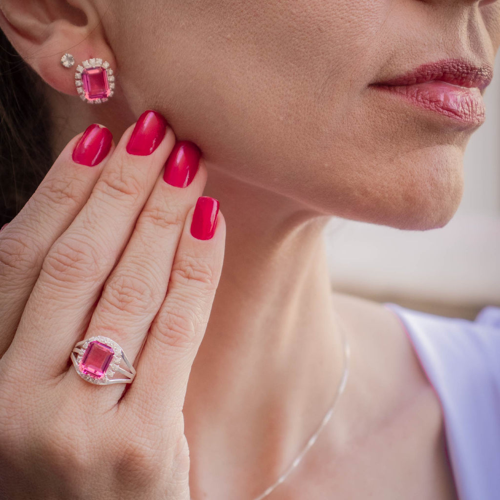 Anel de Prata Coleção Queens Cristal Safira Rosa 8x10mm e Zircônias Brancas - foto 2