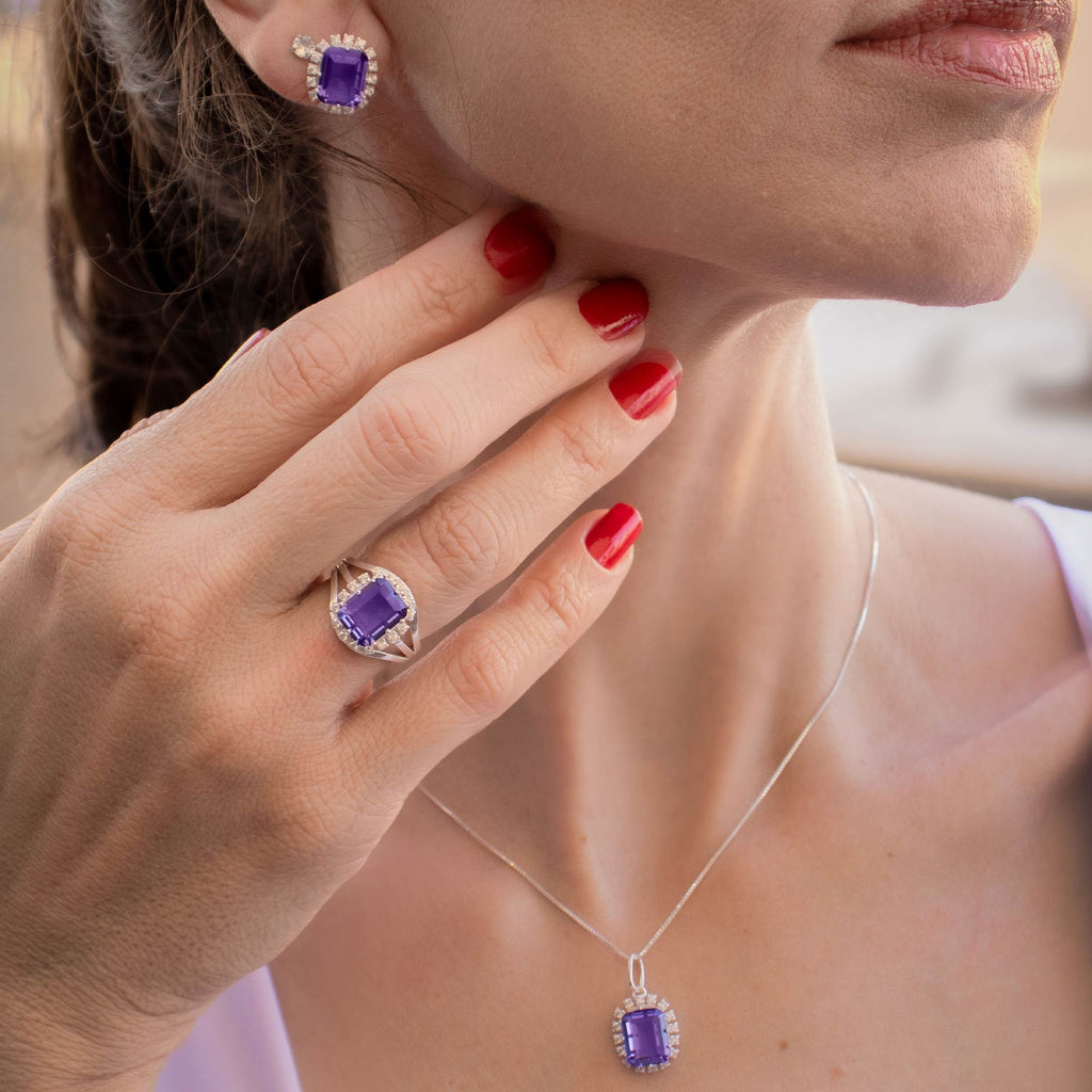 Anel de Prata Coleção Queens Cristal Tanzanita 8x10mm e Zircônias Brancas - foto 2